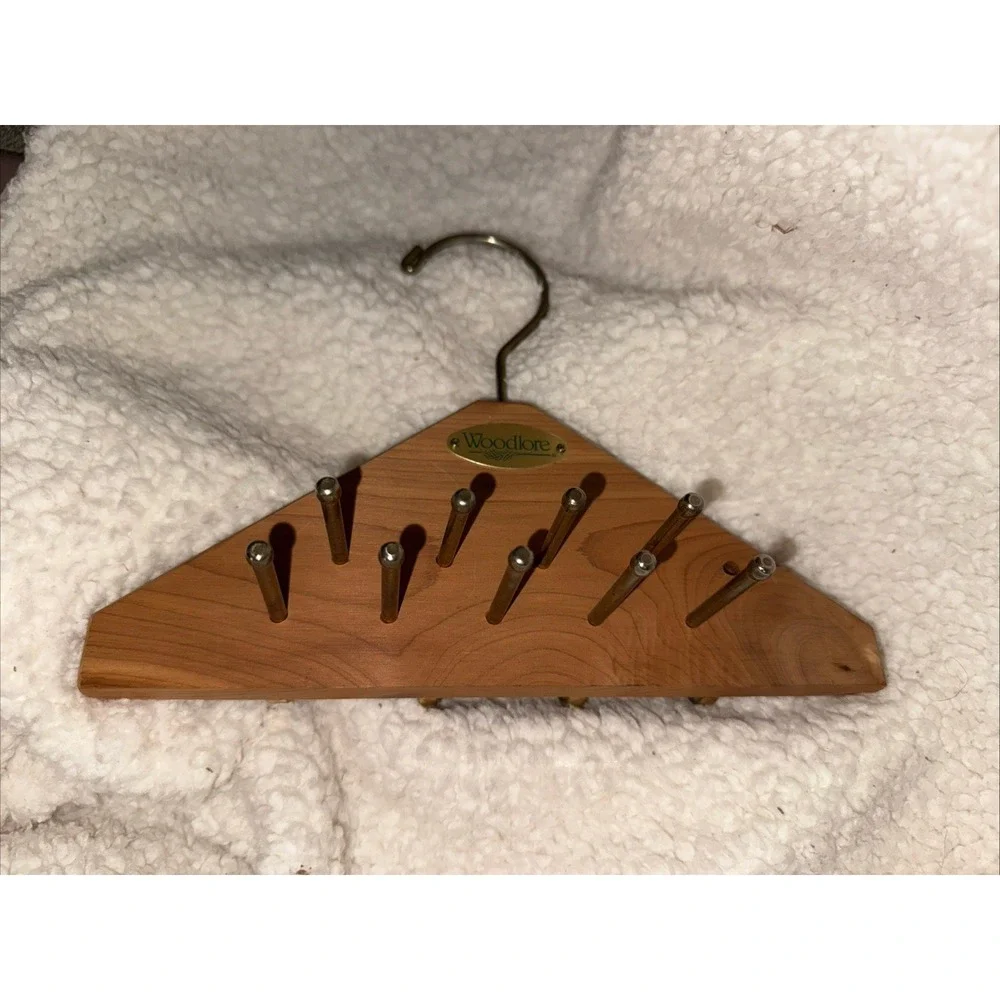 WOODLORE Wooden Cedar Tie And Belt Hanger Closet Organizer - Brass Hooks & Pegs